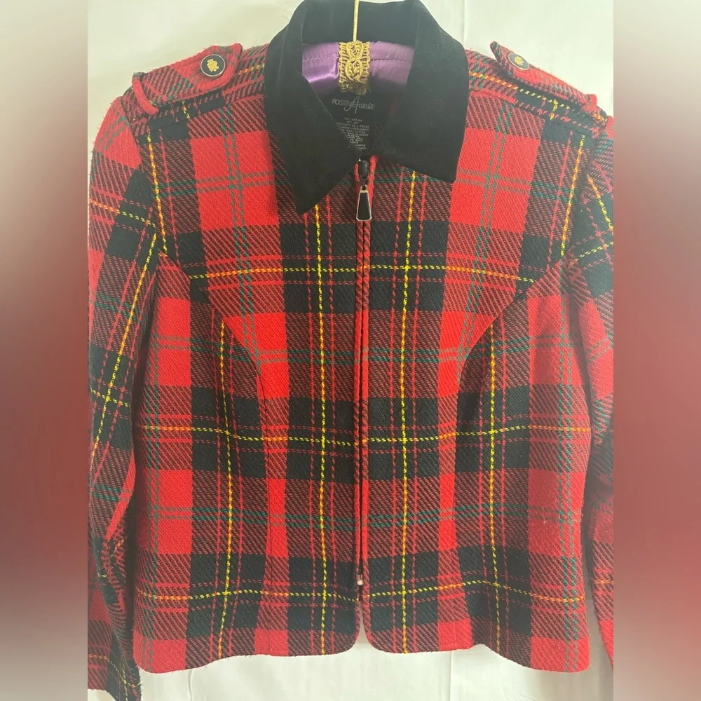 VTG Red+Black Plaid Bomber Jacket Faux‎ Suede Collar Gold+Black Epaulet Size S/M